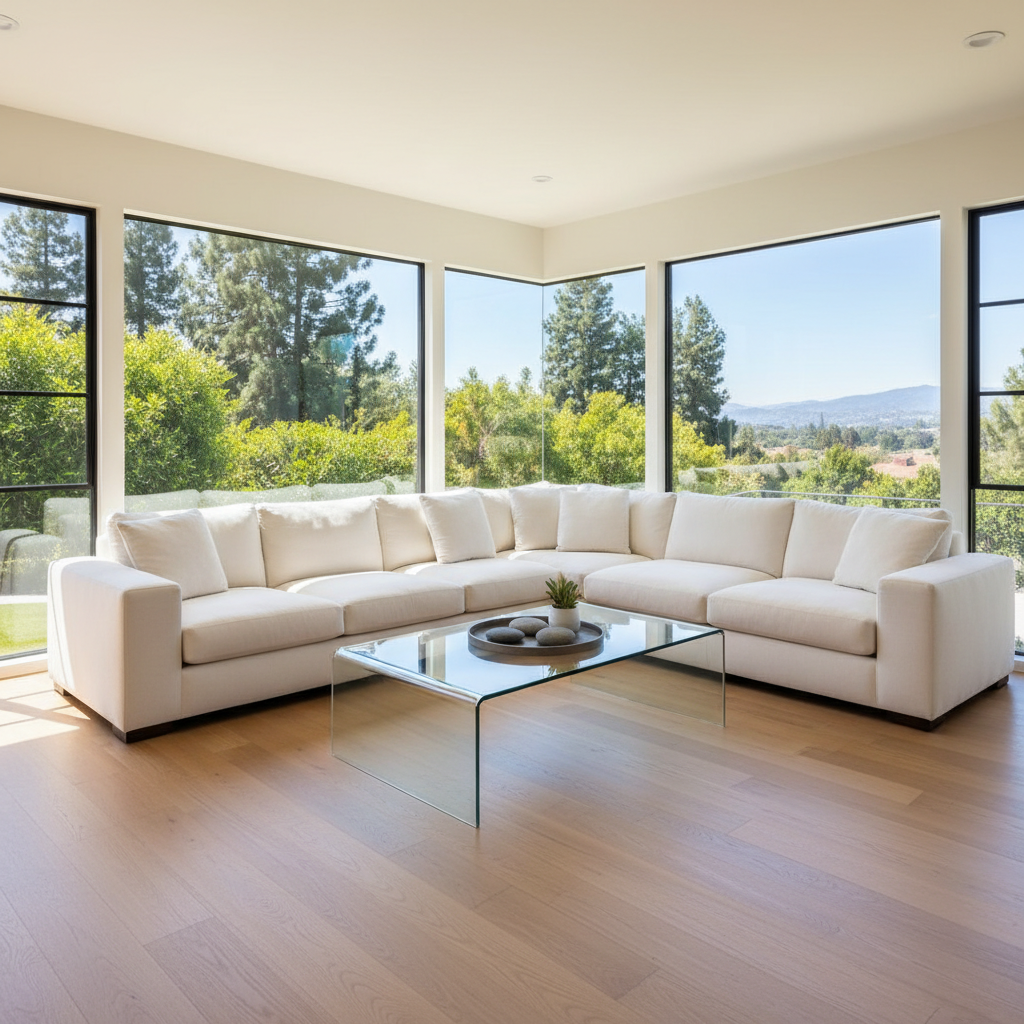 A bright, open-concept Woodland Hills living room staged for listing photos, featuring a large cream-colored sectional sofa, a sleek glass coffee table with a minimal decorative tray, and wide-plank light oak flooring. Floor-to-ceiling windows reveal lush backyard greenery and distant hills, softly blurred. Natural midday sunlight pours in, creating gentle reflections on the glass surfaces and subtle shadows under the furniture. Photographic realism with a clean, modern aesthetic, captured from a slightly elevated corner angle to showcase the room’s spaciousness. The atmosphere is calm, sophisticated, and move-in ready, perfectly suited for illustrating high-quality interior real estate in Woodland Hills, with no people or text anywhere in the frame.