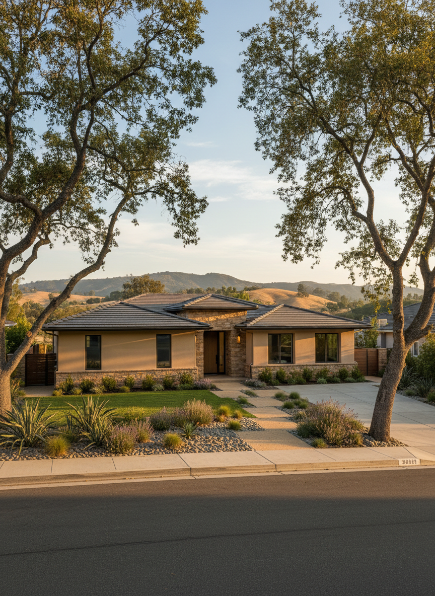 A contemporary single-family home in Woodland Hills with clean stucco walls in warm sandstone tones, a dark charcoal tile roof, and a manicured front lawn with drought-tolerant landscaping. The house sits on a quiet, tree-lined residential street, framed by mature oaks and low rolling hills in the distance. Late afternoon golden hour sunlight casts soft, elongated shadows across the driveway and highlights the texture of the stucco and stone accents. Photographic realism, shot at eye level with a wide-angle lens, sharp focus throughout. The mood is professional yet welcoming, ideal for a real estate blog cover image that conveys attractive, upscale neighborhood living without showing any people or signage.