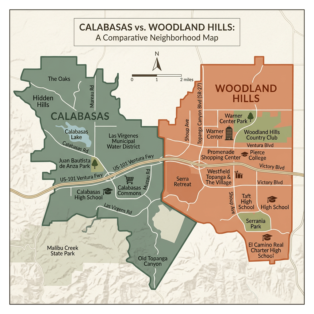 Map showing Calabasas and Woodland Hills neighborhoods with parks, schools, shopping centers, and roads labeled.