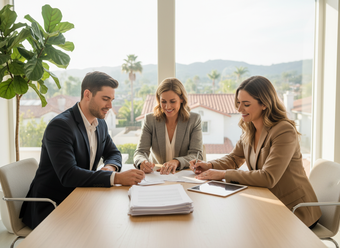Real estate agent and clients signing escrow documents in a modern California office.