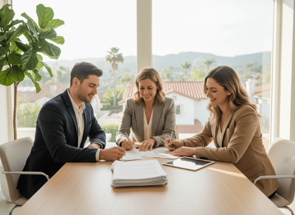 Professional real estate photography showing a real estate agent and clients signing documents at a clean, modern office desk, with soft natural light, California suburban neighborhood visible through the window in the background. Warm, trustworthy, professional tone.