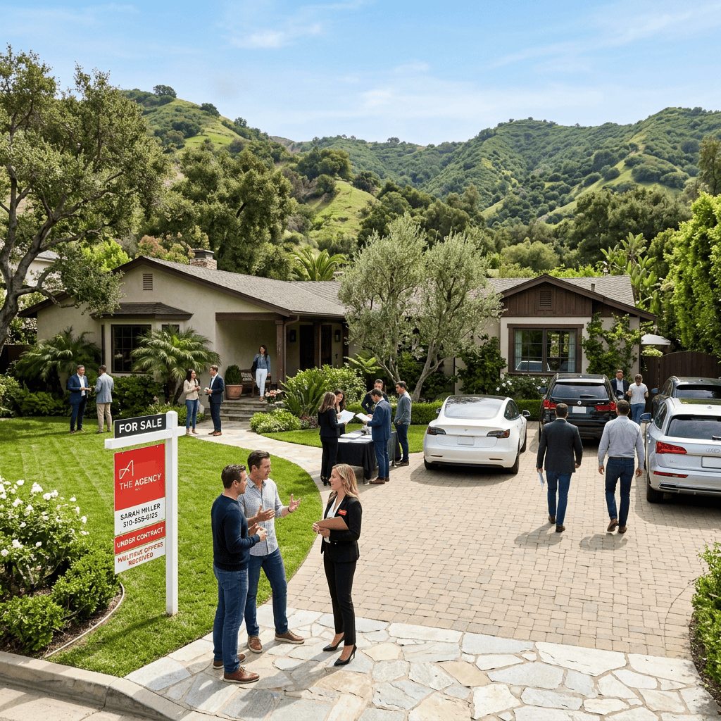 Prospective buyers and agents gather outside a hillside home for sale