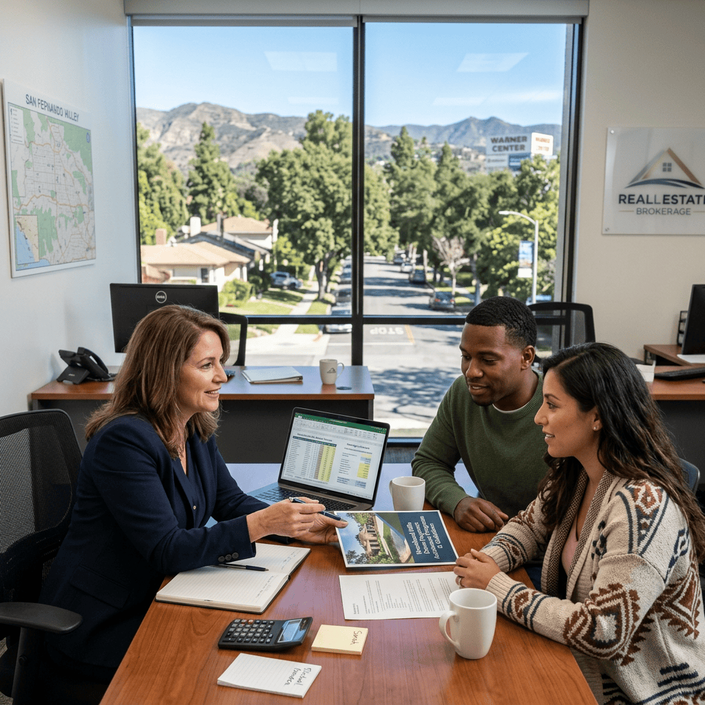 Real estate agent discussing property documents with two clients