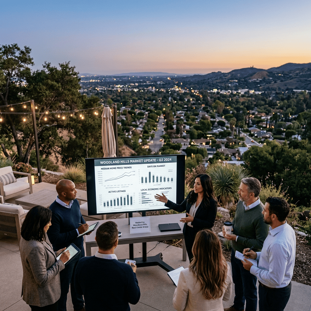 Team reviewing Woodland Hills Market Update – Q3 2024 presentation