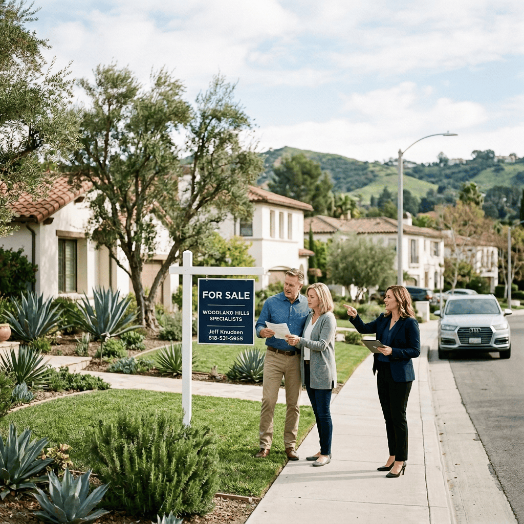 Three people beside a FOR SALE sign reading WOODLAND HILLS SPECIALISTS, Jeff Knudsen 818-531-5955