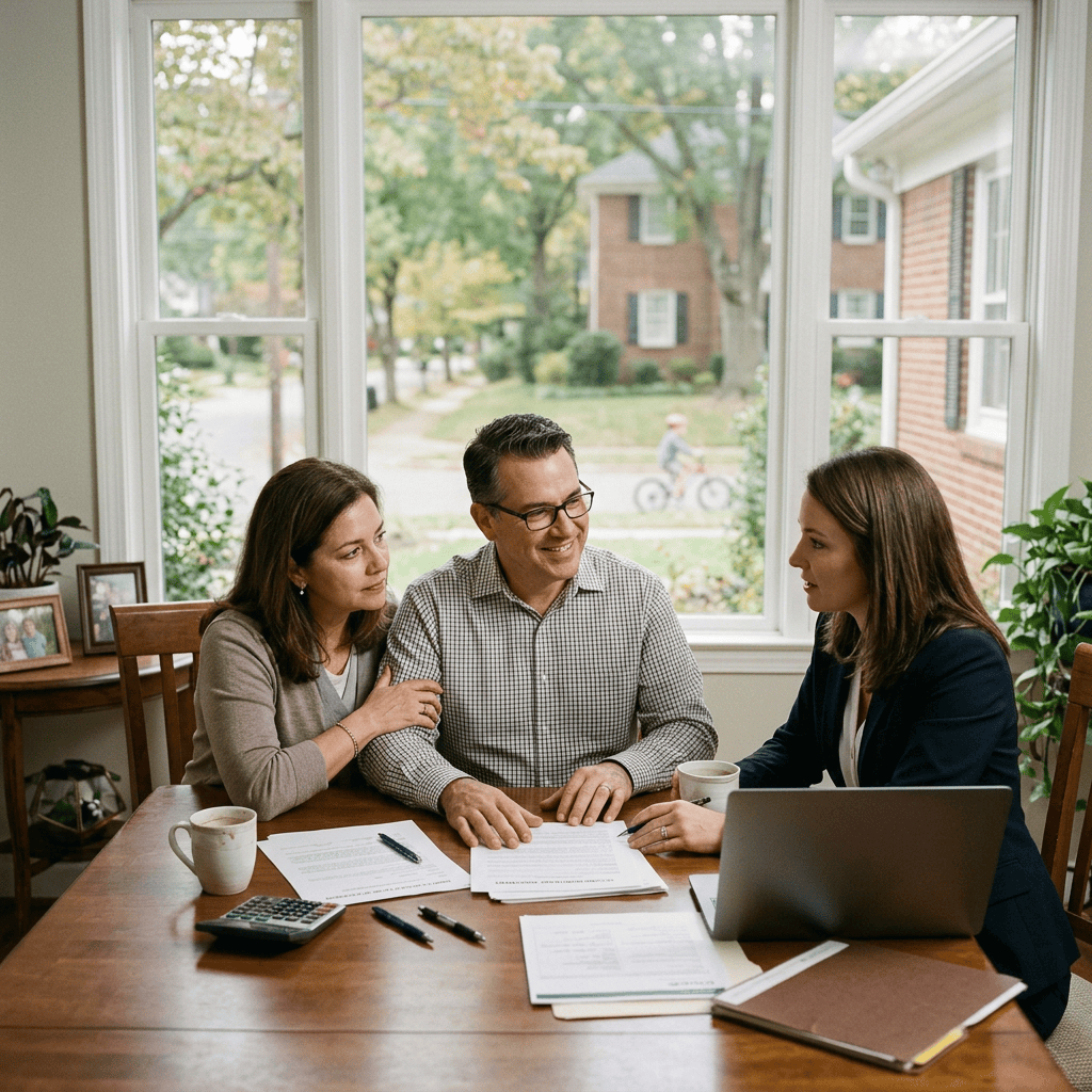 Family meeting with financial advisor over paperwork at home