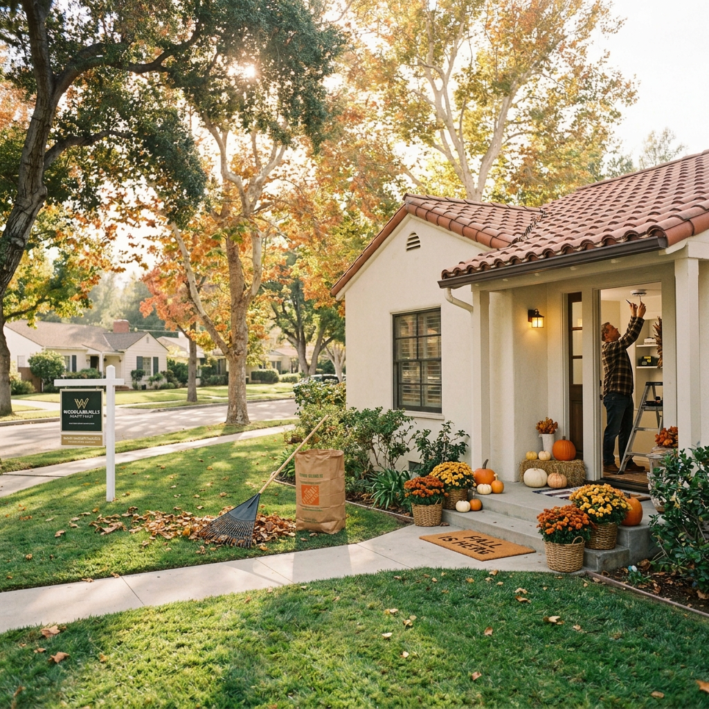 Two people decorate a fall porch as a neighbor rakes leaves outside.