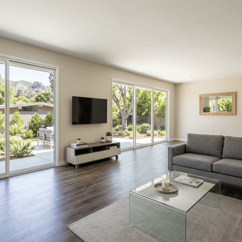 Modern living room with gray sofa, glass coffee table, and mountain views
