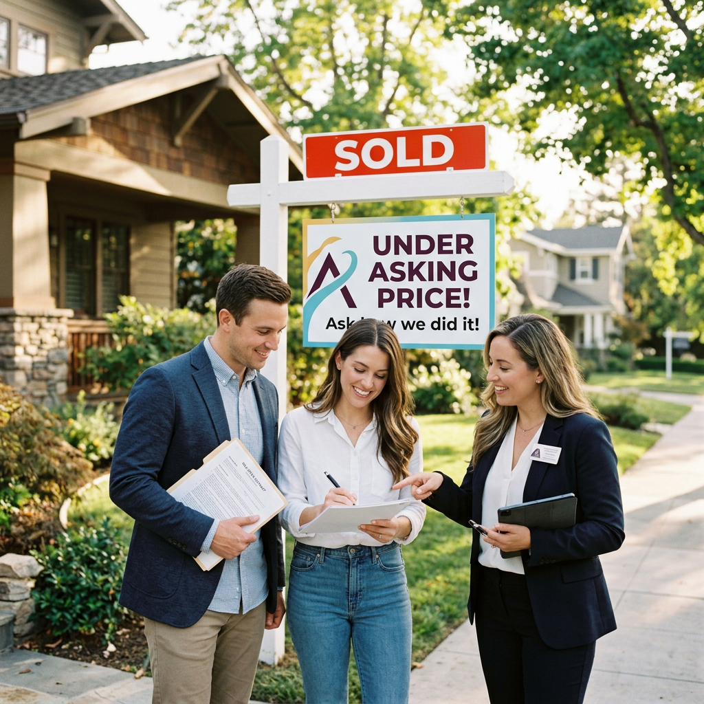 Three people stand beside a SOLD sign reading UNDER ASKING PRICE! Ask how we did it!